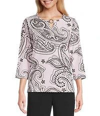 Allison Daley Paisley Flourish Keyhole Neck 3/4 Sleeve Knit Top
