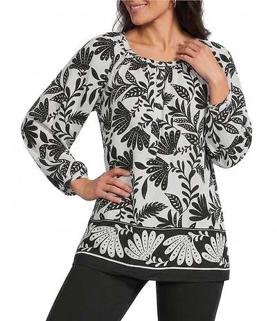 Allison Daley Palm Border Print 3/4 Sleeve Partial Button Front Crew Neck Blouse
