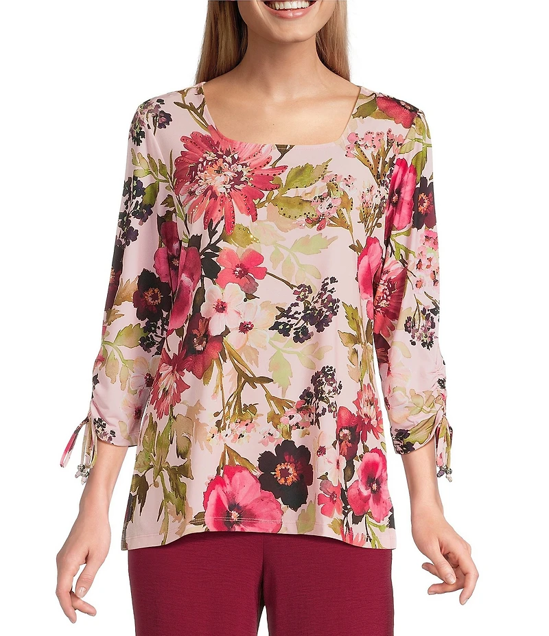 Allison Daley Pansy Garden Print Embellished 3/4 Ruched Tie Sleeve Square Neck Knit Top