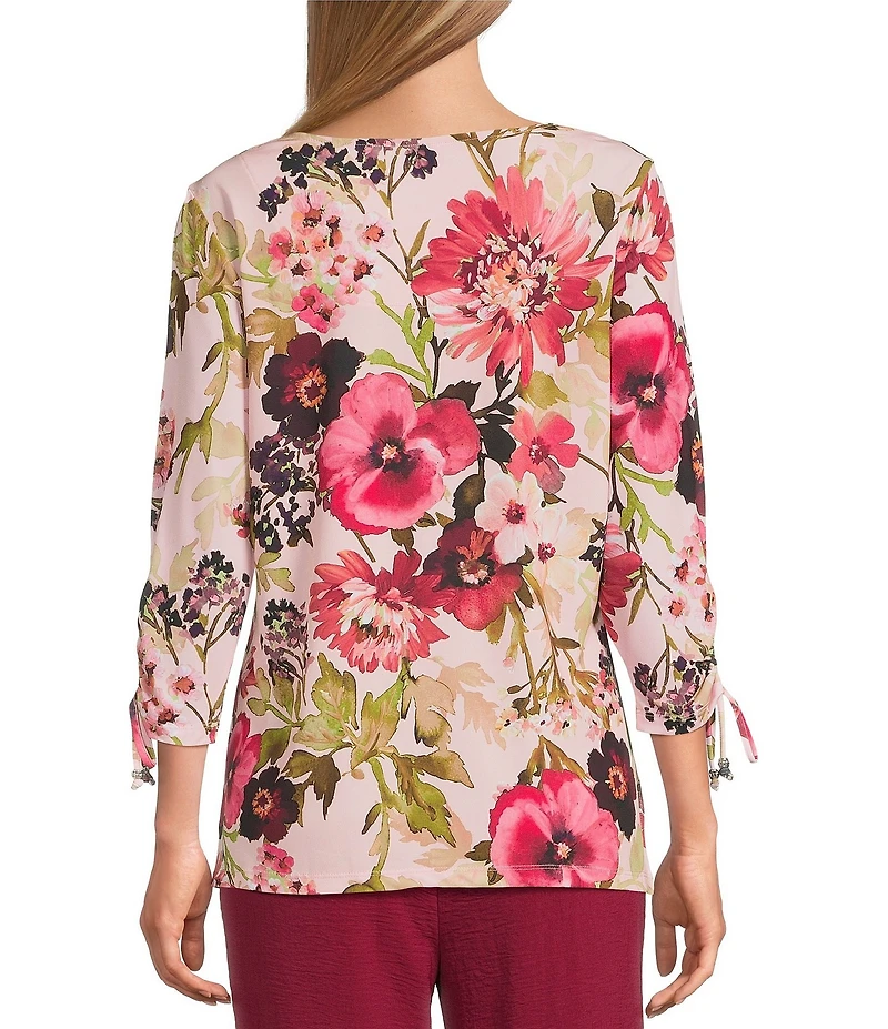 Allison Daley Pansy Garden Print Embellished 3/4 Ruched Tie Sleeve Square Neck Knit Top