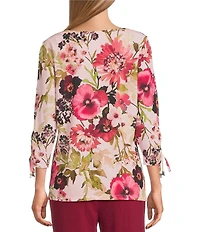 Allison Daley Pansy Garden Print Embellished 3/4 Ruched Tie Sleeve Square Neck Knit Top