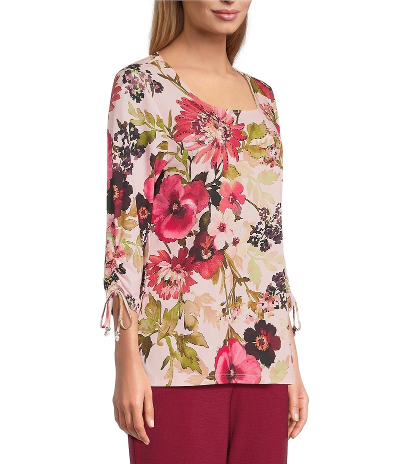 Allison Daley Pansy Garden Print Embellished 3/4 Ruched Tie Sleeve Square Neck Knit Top