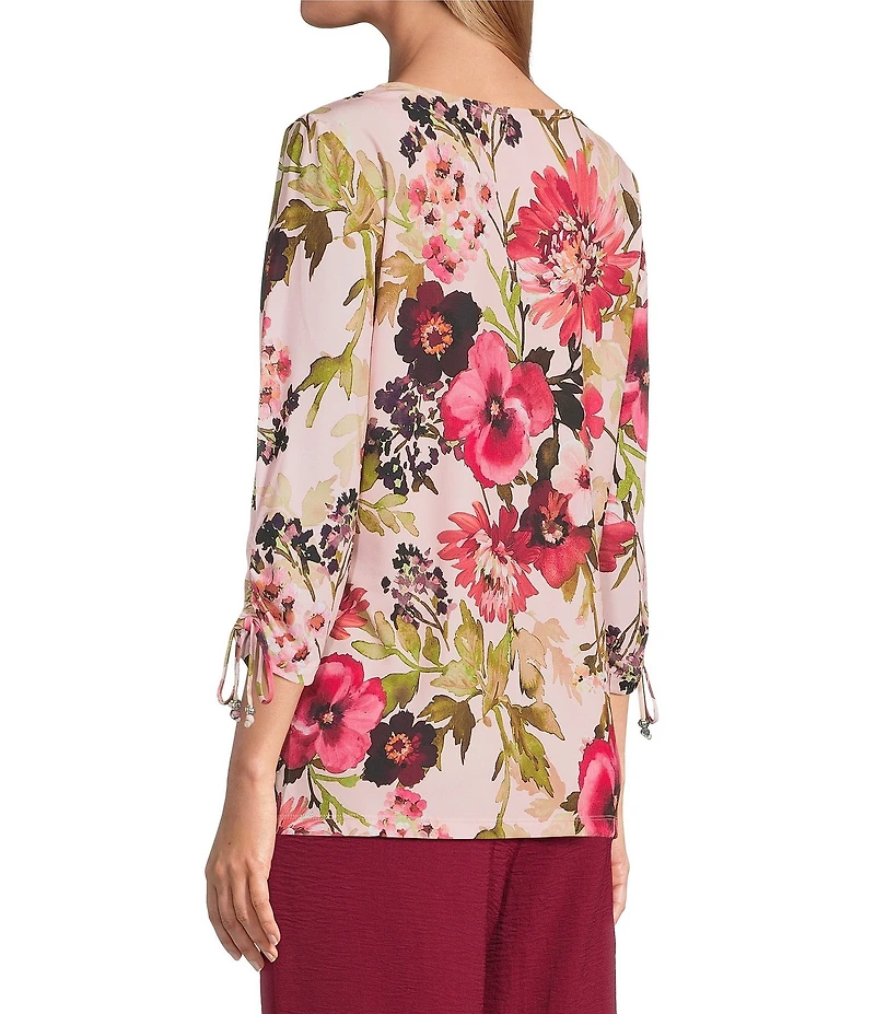 Allison Daley Pansy Garden Print Embellished 3/4 Ruched Tie Sleeve Square Neck Knit Top