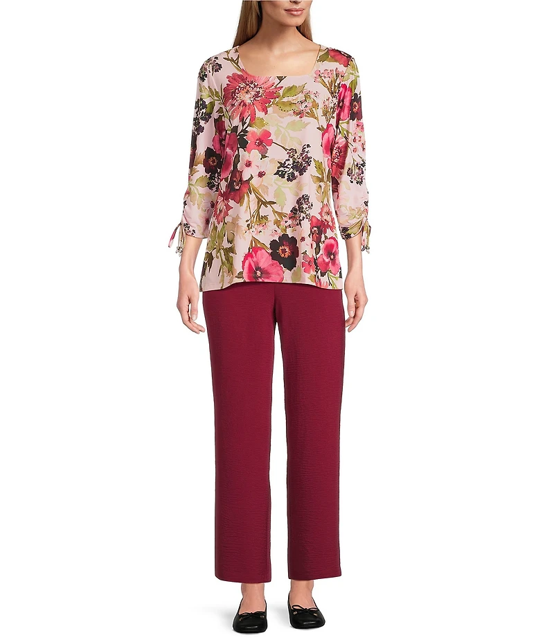 Allison Daley Pansy Garden Print Embellished 3/4 Ruched Tie Sleeve Square Neck Knit Top