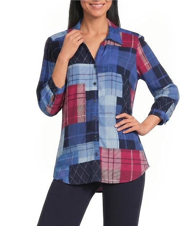 Allison Daley Patchwork 3/4 Sleeve Point Collar Button Front Top