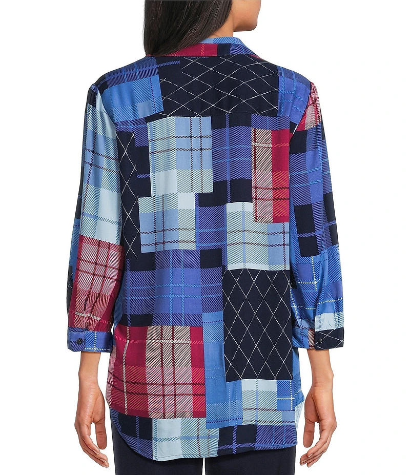 Allison Daley Patchwork 3/4 Sleeve Point Collar Button Front Top