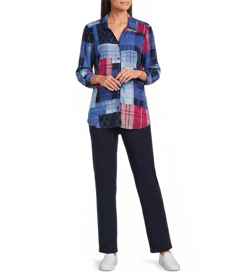 Allison Daley Patchwork 3/4 Sleeve Point Collar Button Front Top