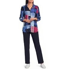 Allison Daley Patchwork 3/4 Sleeve Point Collar Button Front Top