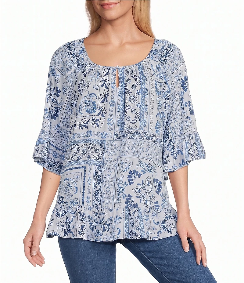 Allison Daley Patchwork Print 3/4 Flounce Sleeve Keyhole Neck Blouse