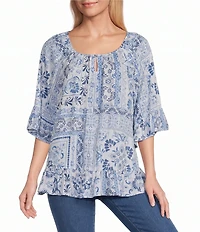 Allison Daley Patchwork Print 3/4 Flounce Sleeve Keyhole Neck Blouse