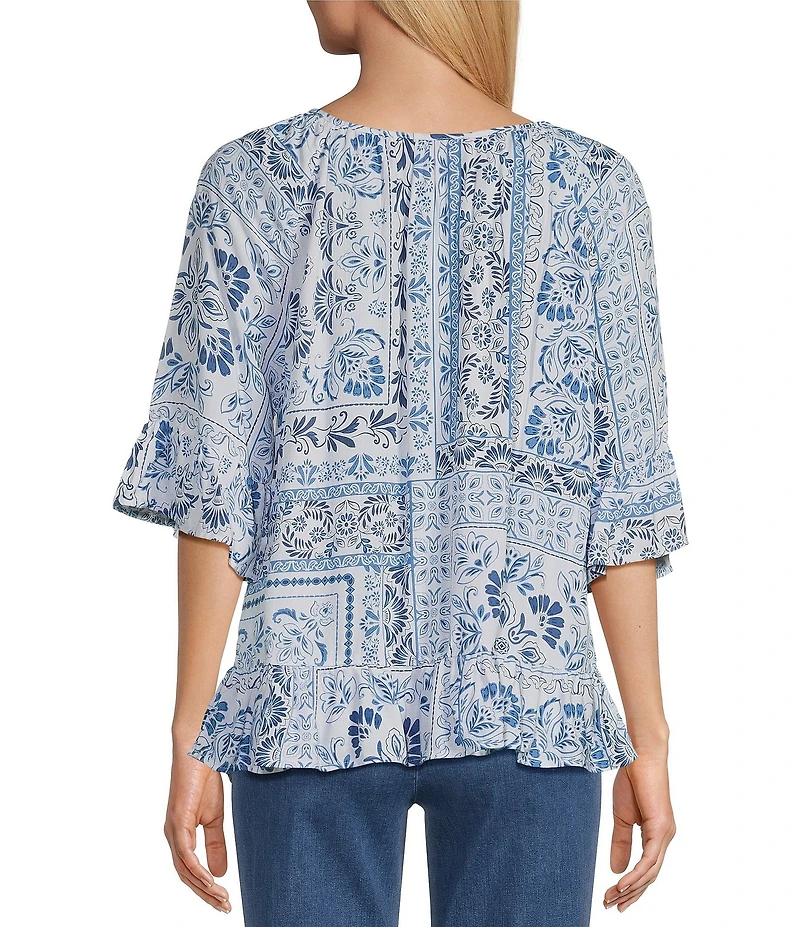 Allison Daley Patchwork Print 3/4 Flounce Sleeve Keyhole Neck Blouse