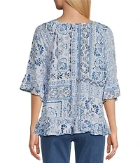 Allison Daley Patchwork Print 3/4 Flounce Sleeve Keyhole Neck Blouse