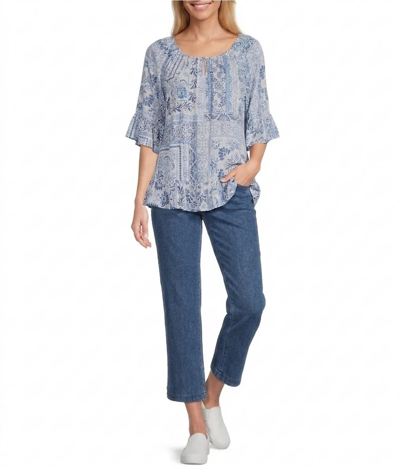 Allison Daley Patchwork Print 3/4 Flounce Sleeve Keyhole Neck Blouse