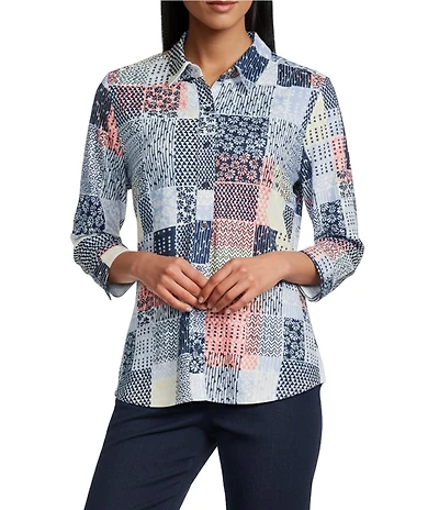 Allison Daley Patchwork Print 3/4 Sleeve Point Collar Button Front Shirt