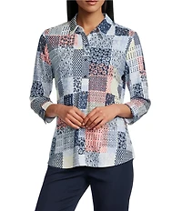 Allison Daley Patchwork Print 3/4 Sleeve Point Collar Button Front Shirt