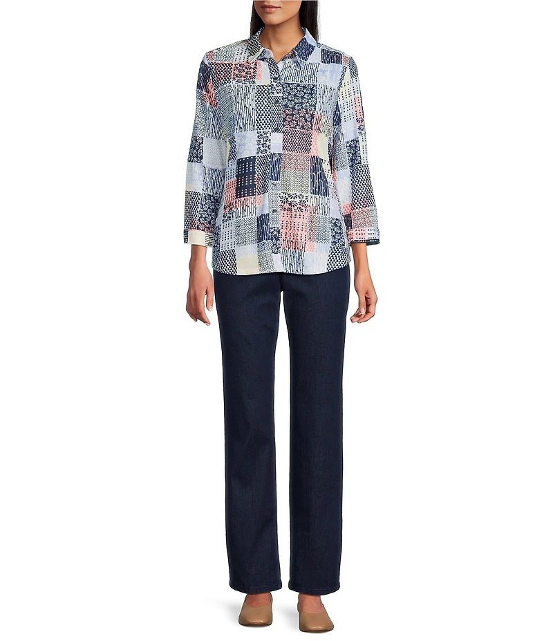 Allison Daley Patchwork Print 3/4 Sleeve Point Collar Button Front Shirt