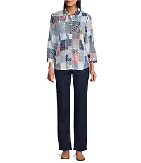 Allison Daley Patchwork Print 3/4 Sleeve Point Collar Button Front Shirt