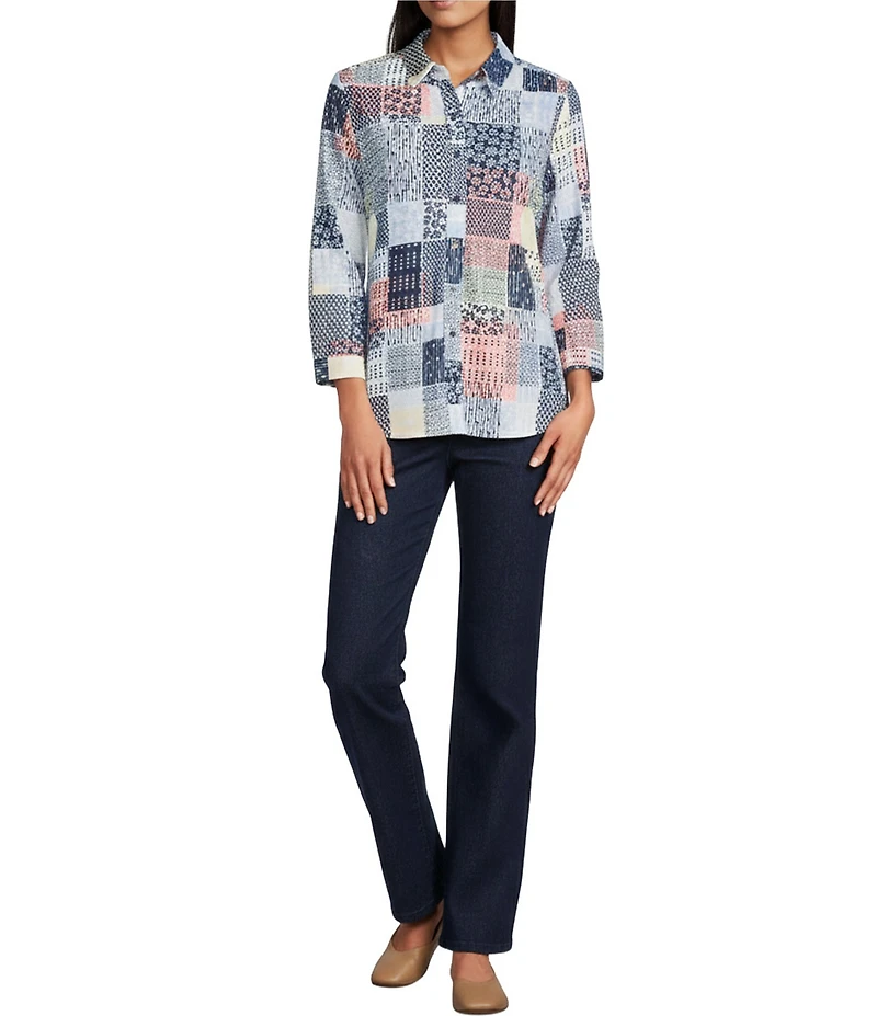 Allison Daley Patchwork Print 3/4 Sleeve Point Collar Button Front Shirt