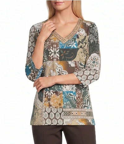 Allison Daley Patchwork Print 3/4 Sleeve V-Neck Embellished Top