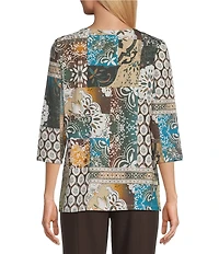 Allison Daley Patchwork Print 3/4 Sleeve V-Neck Embellished Top