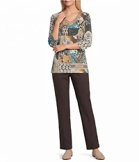Allison Daley Patchwork Print 3/4 Sleeve V-Neck Embellished Top
