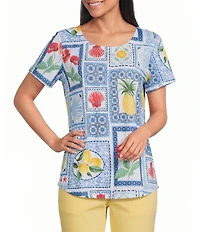 Allison Daley Patchwork Print Short Sleeve Crew Neck Top