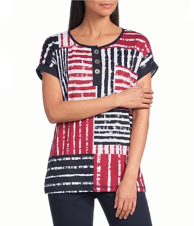 Allison Daley Patchwork Stripe Americana Short Sleeve Crew Neck Knit Top