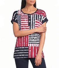 Allison Daley Patchwork Stripe Americana Short Sleeve Crew Neck Knit Top