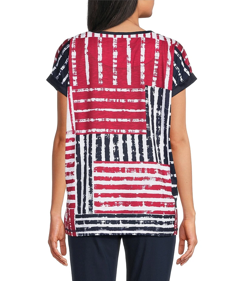 Allison Daley Patchwork Stripe Americana Short Sleeve Crew Neck Knit Top