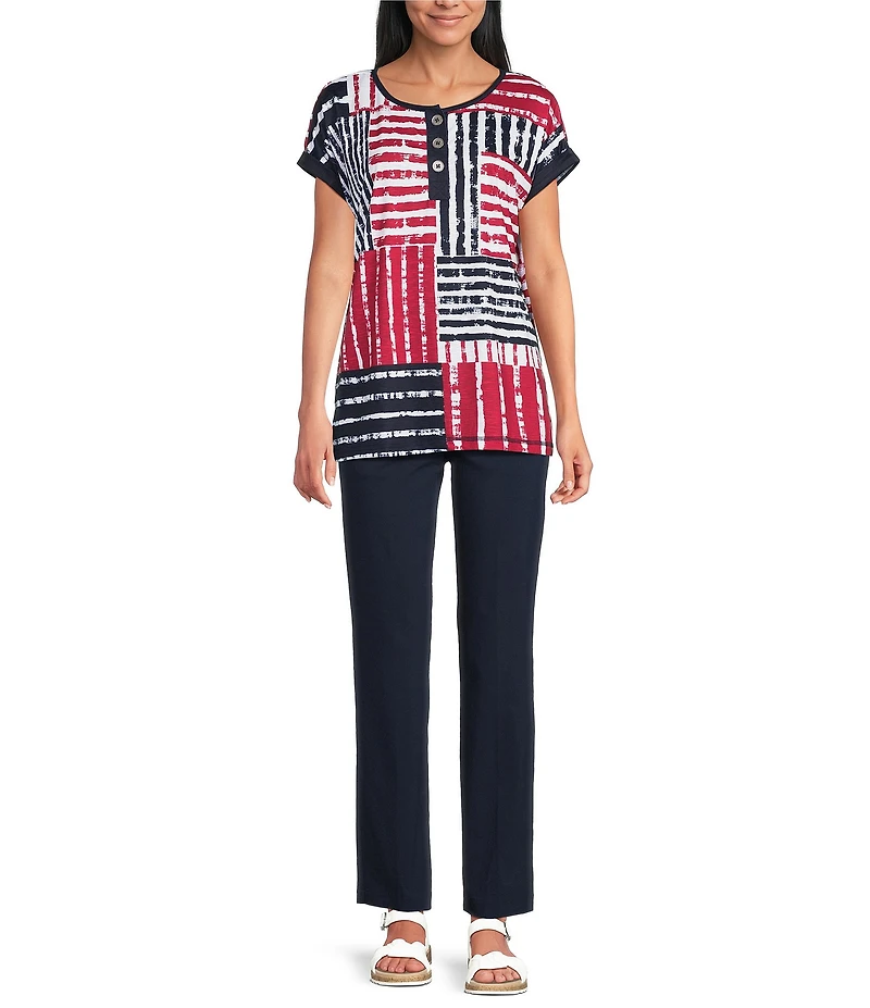 Allison Daley Patchwork Stripe Americana Short Sleeve Crew Neck Knit Top