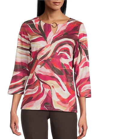 Allison Daley Petite Autumn Zebra Print 3/4 Sleeve Keyhole Neck Knit Top