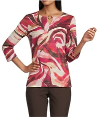 Allison Daley Petite Autumn Zebra Print 3/4 Sleeve Keyhole Neck Knit Top