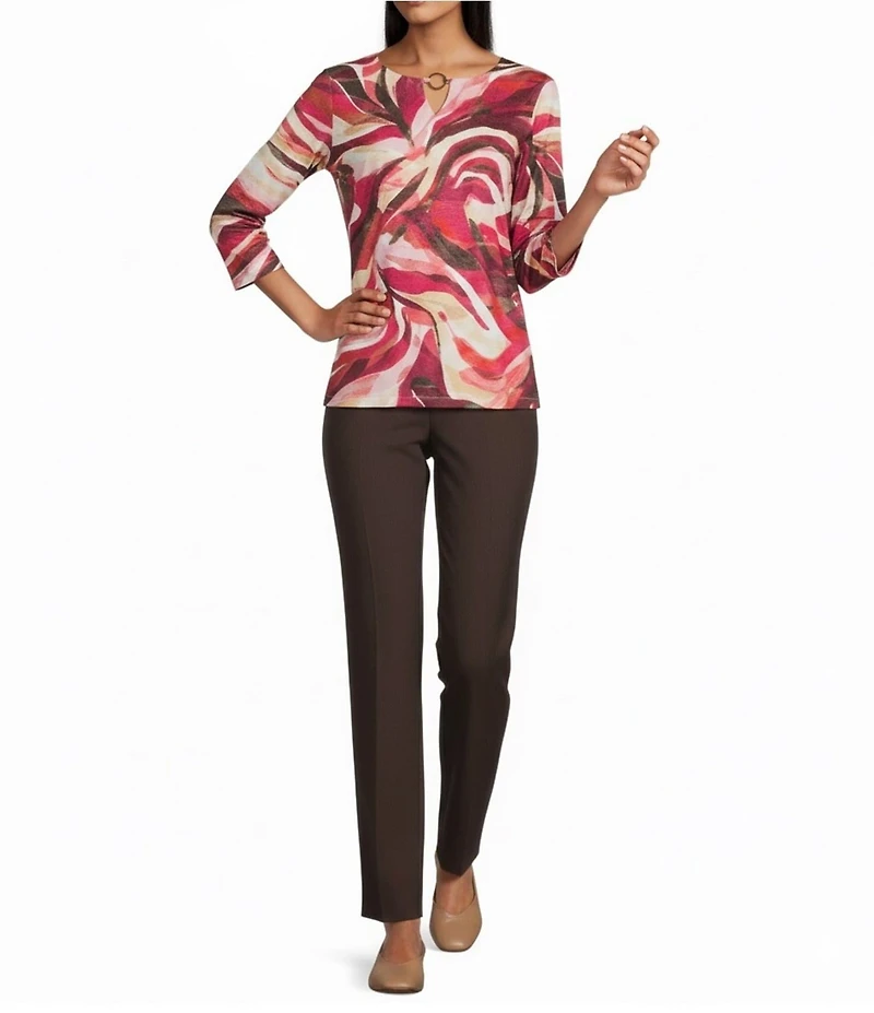 Allison Daley Petite Autumn Zebra Print 3/4 Sleeve Keyhole Neck Knit Top