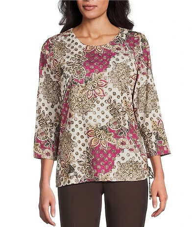 Allison Daley Petite Batik Floral Print 3/4 Sleeve Crew Neck Knot Hem Top