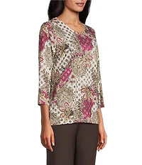 Allison Daley Petite Batik Floral Print 3/4 Sleeve Crew Neck Knot Hem Top