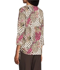 Allison Daley Petite Batik Floral Print 3/4 Sleeve Crew Neck Knot Hem Top
