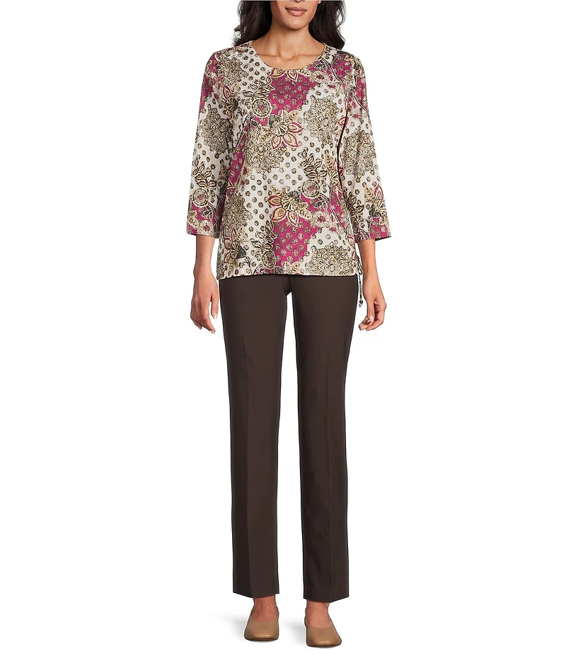 Allison Daley Petite Batik Floral Print 3/4 Sleeve Crew Neck Knot Hem Top