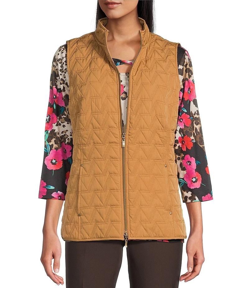 Allison Daley Petite Chevron Sleeveless Two Way Zip Up Woven Quilted Vest