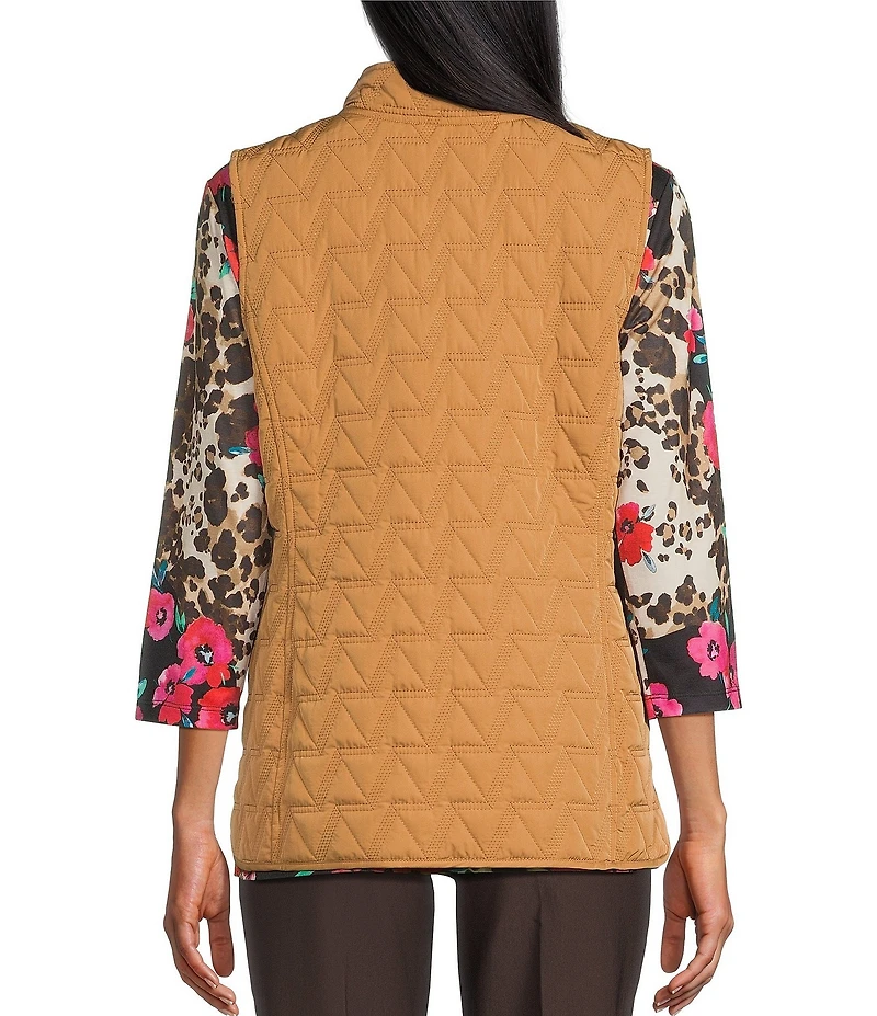 Allison Daley Petite Chevron Sleeveless Two Way Zip Up Woven Quilted Vest