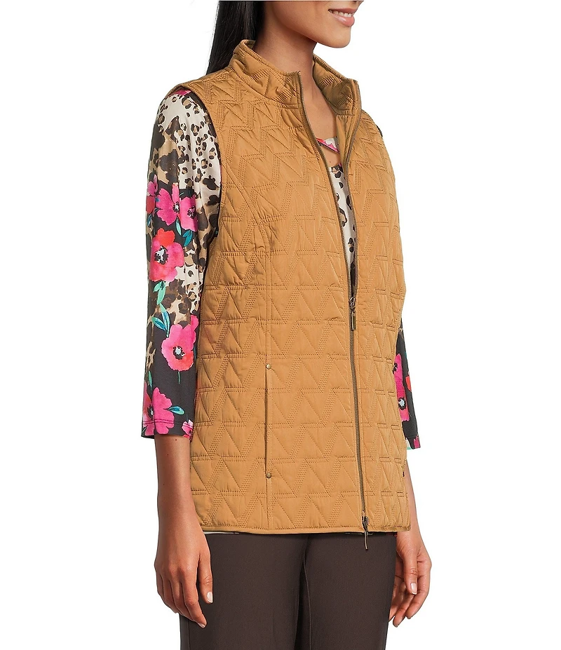 Allison Daley Petite Chevron Sleeveless Two Way Zip Up Woven Quilted Vest