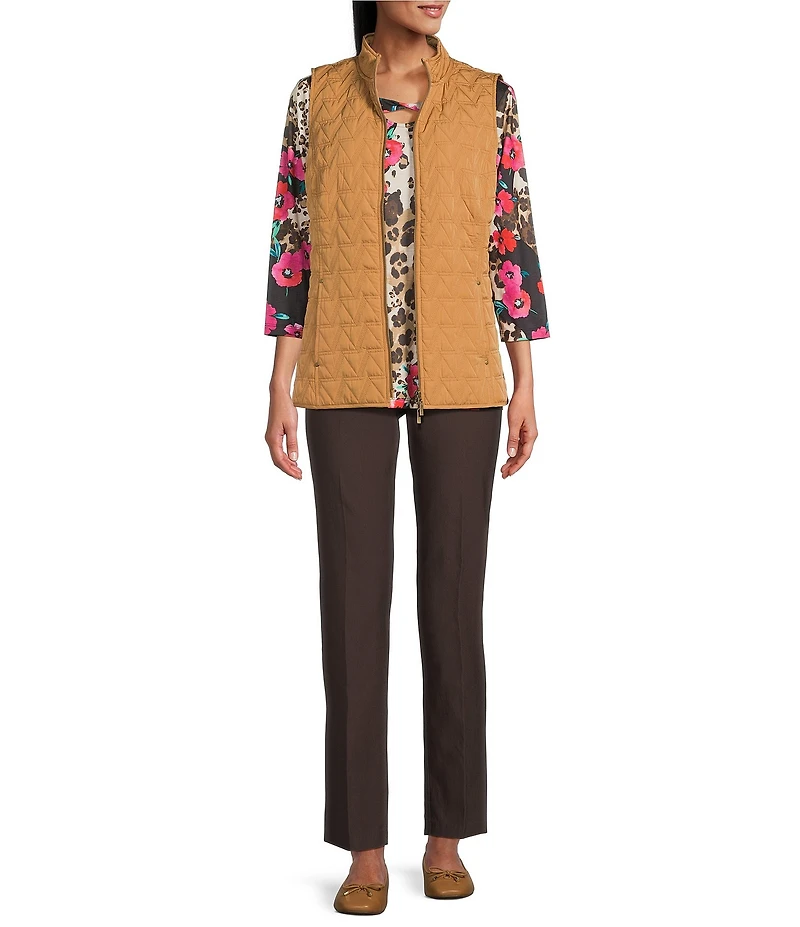 Allison Daley Petite Chevron Sleeveless Two Way Zip Up Woven Quilted Vest