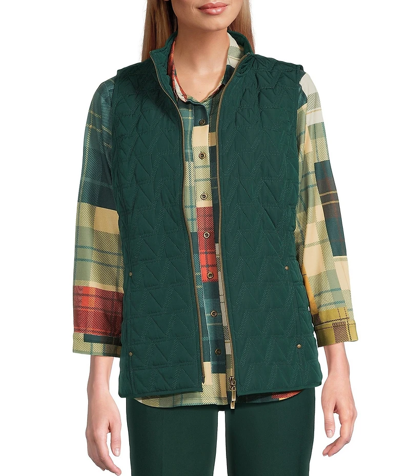 Allison Daley Petite Chevron Sleeveless Two Way Zip Up Woven Quilted Vest