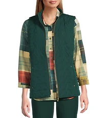 Allison Daley Petite Chevron Sleeveless Two Way Zip Up Woven Quilted Vest