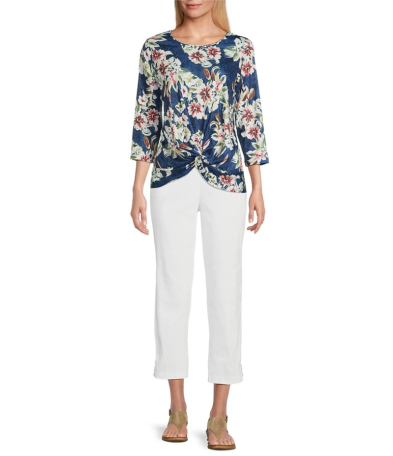 Allison Daley Petite Damask Floral Print 3/4 Sleeve Crew Neck Twist Hem Knit Top