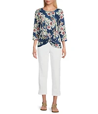Allison Daley Petite Damask Floral Print 3/4 Sleeve Crew Neck Twist Hem Knit Top