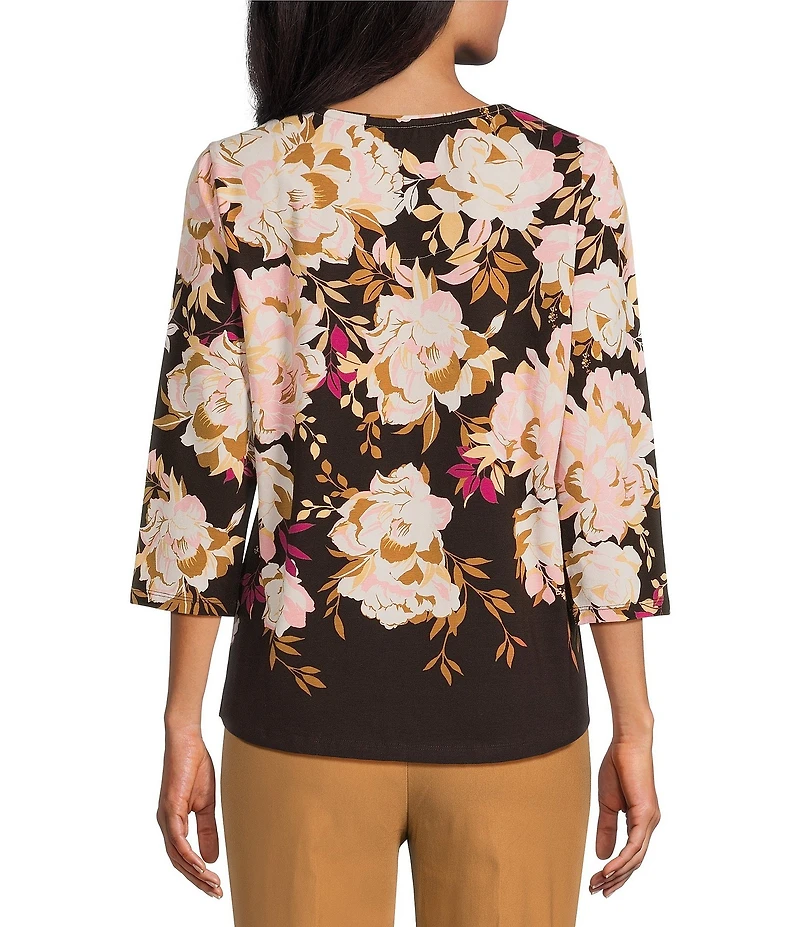 Allison Daley Petite Espresso Botanic Rose Cascade Print 3/4 Sleeve Crew Neck Knit Top