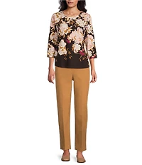 Allison Daley Petite Espresso Botanic Rose Cascade Print 3/4 Sleeve Crew Neck Knit Top