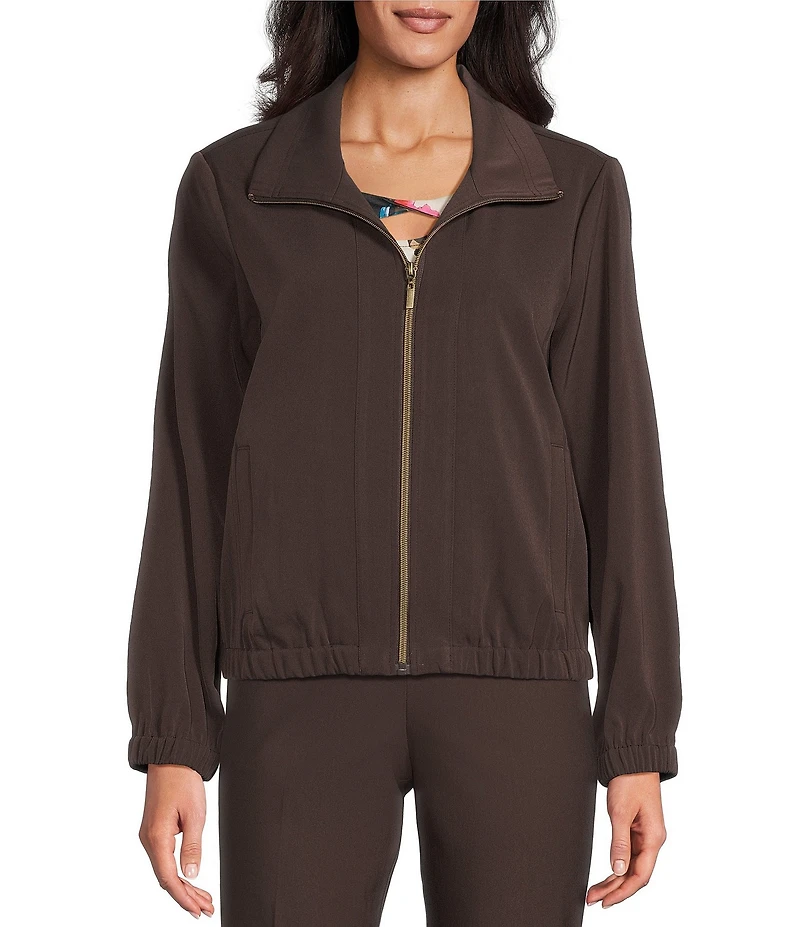 Allison Daley Petite Espresso Long Sleeve Point Collar Zipper Front Jacket