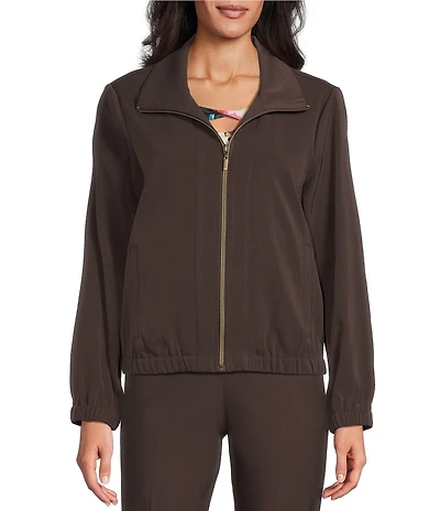 Allison Daley Petite Espresso Long Sleeve Point Collar Zipper Front Jacket