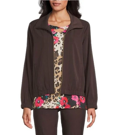 Allison Daley Petite Espresso Long Sleeve Point Collar Zipper Front Jacket